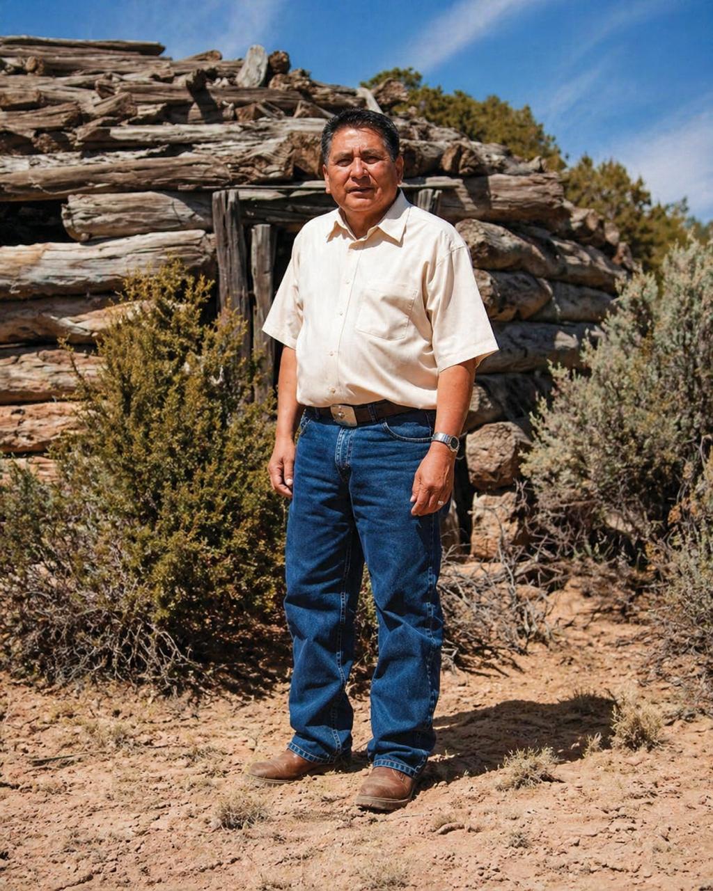 Lee A. Yazzie, Diné master silversmith, standing before a traditional hogan