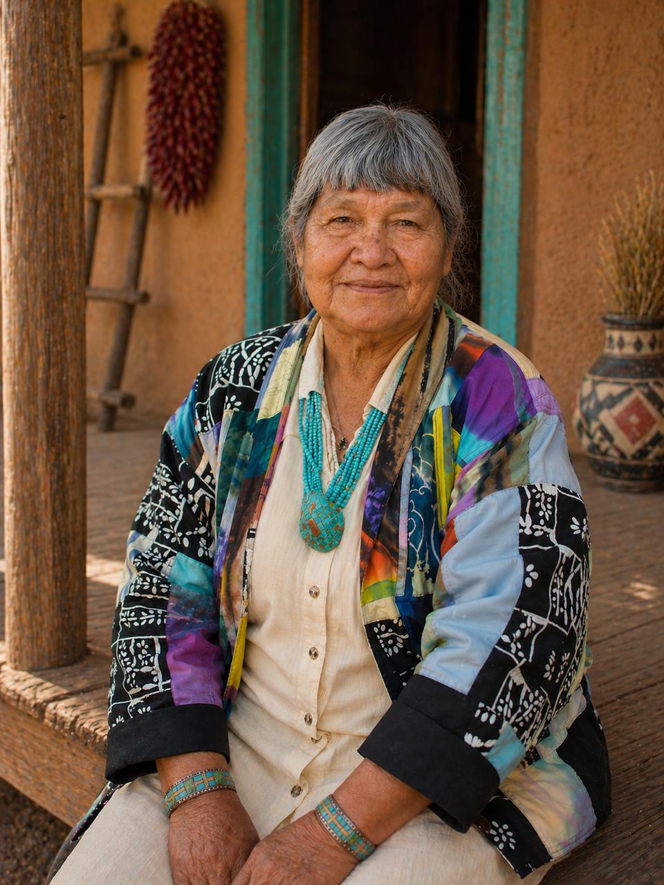 Mary Coriz Lovato (1936-2024), Kewa Pueblo silversmith, at home