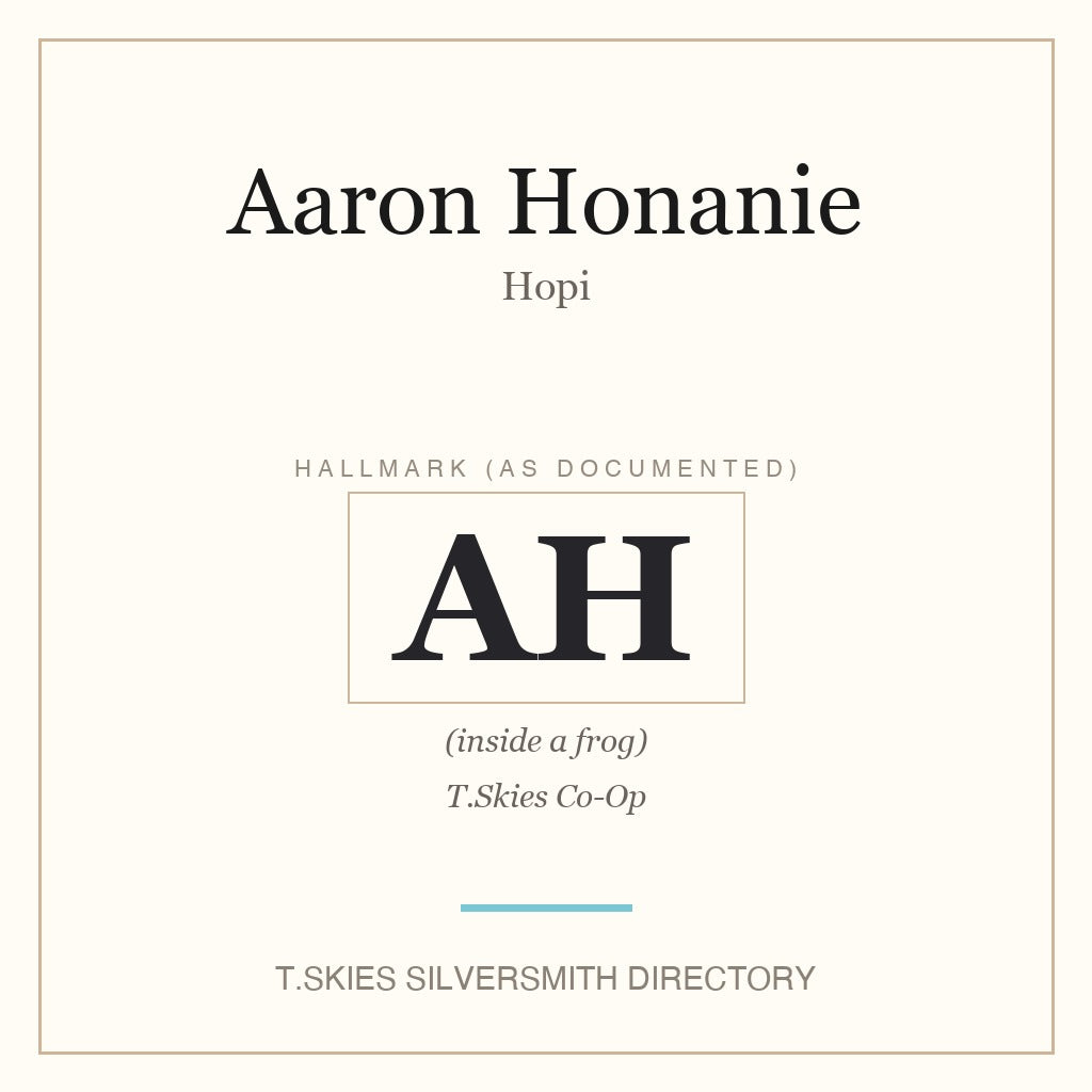 Aaron Honanie — Hopi silversmith hallmark namecard