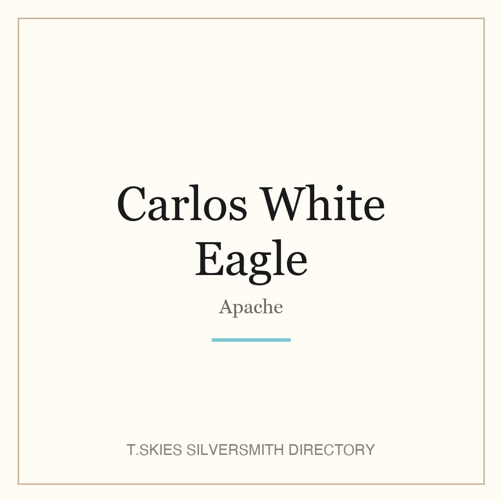 Name-card for Carlos White Eagle (Apache silversmith) — T.Skies Silversmith Directory