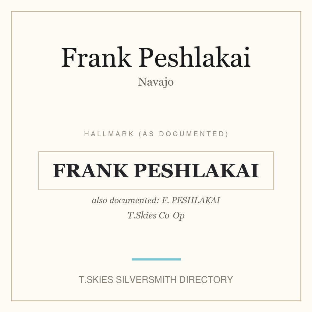 Name card for Frank Peshlakai — T.Skies Silversmith Directory