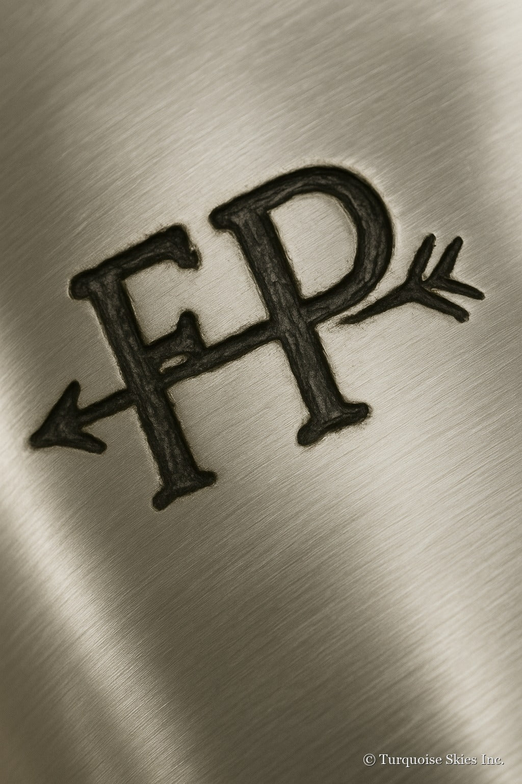 Hallmark of Fred Peshlakai (Navajo) - FP initials on a left-facing arrow, as documented in Hougart's Native American and Southwestern Silver Hallmarks - recreated on sterling silver by T.Skies