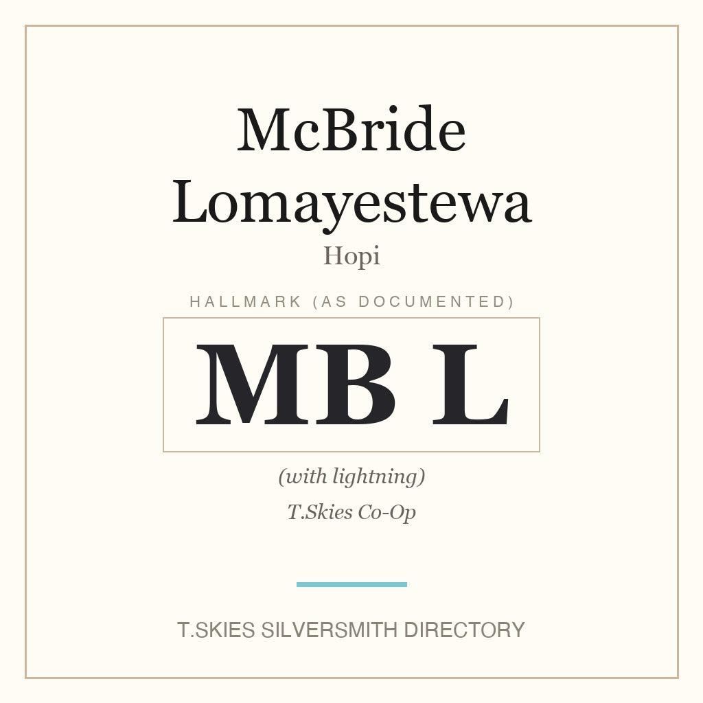 Documented hallmark of McBride Lomayestewa (Hopi silversmith) — T.Skies Silversmith Directory