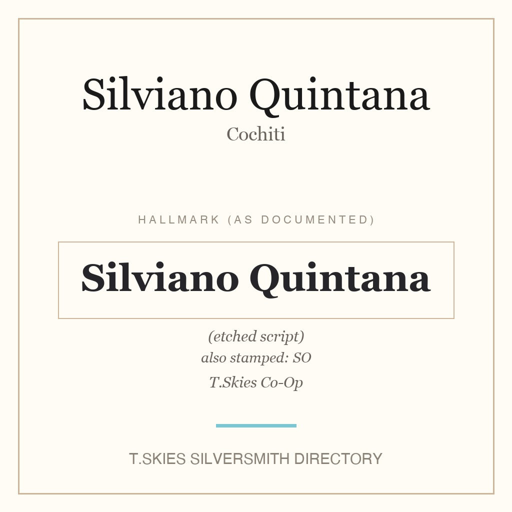 Silviano Quintana — Cochiti silversmith hallmark namecard